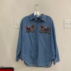 Vintage Christmas denim embroidered shirt